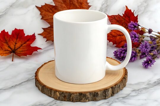 White coffee mug on a wooden coaster with autumn leaves mog mockup