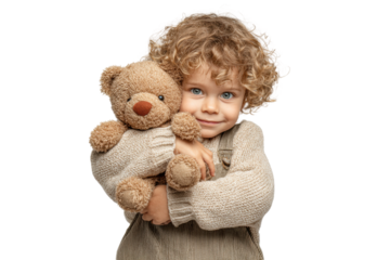 PNG Caucasian child with curly hair hugging teddy bear