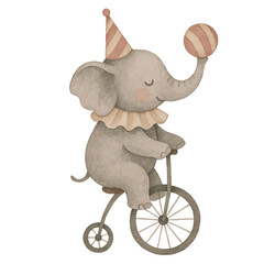 Vector freehand watercolor children's illustration of a circus elephant on a bicycle in beige tones. Hand drawn watercolour bear. Design of fabrics, wrapping paper, and postcards