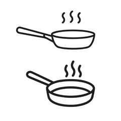 Two Stylized Illustrations of Frying Pans with Handles and Steam Emanating Cooking Utensils for Food Preparation Designs