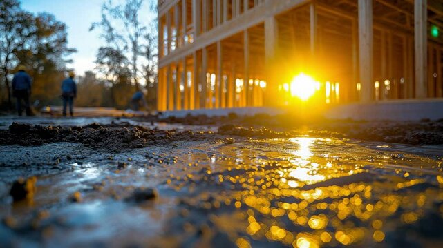 Construction site with wet ground and building under construction