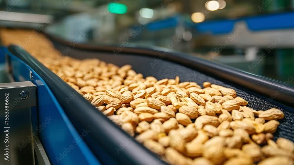 Poster close-up of conveyor belt carrying raw peanuts with visible shell imperfections and natural color va
