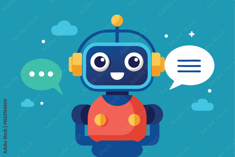 Poster smart robot chatbot interacts with users through speech bubbles, showcasing modern technology in a p