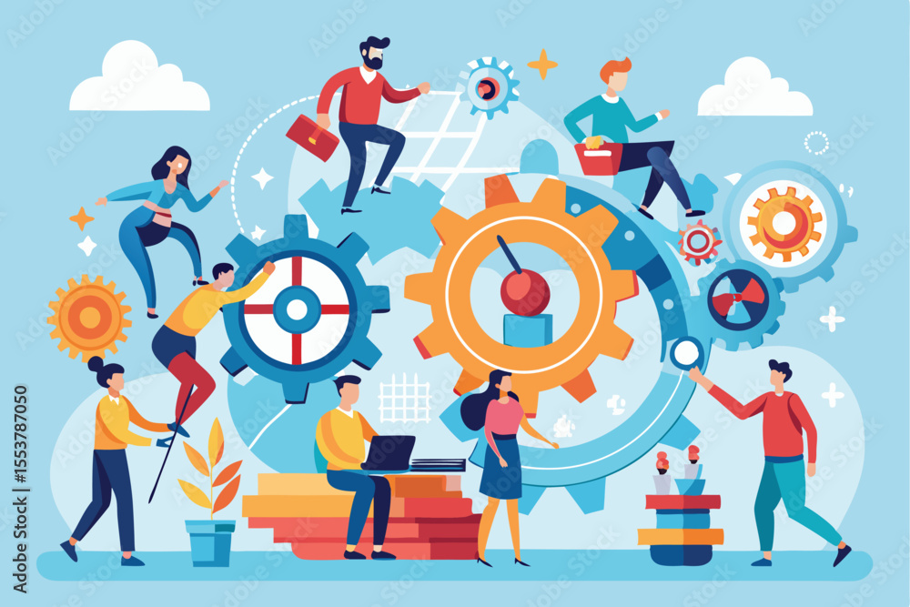 Poster business teamwork concept with diverse professionals collaborating on projects and utilizing technol