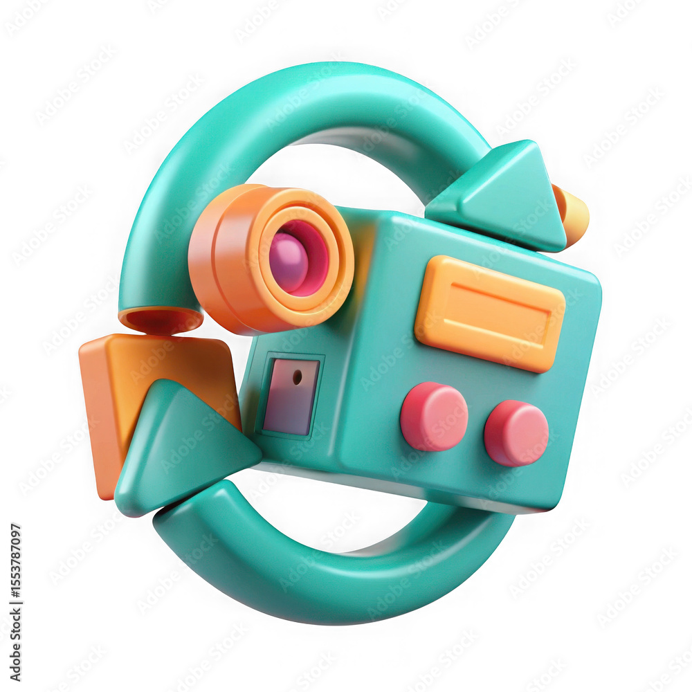Poster stylized 3d camera with teal and orange elements isolated on transparent background
