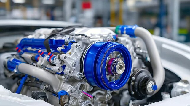 Close-up on a turbocharged engine&rsquo;s core mechanical parts, detailed cylinders and pistons alongside hoses, serpentine belts, alternator, and wires, highlighting precision in motor