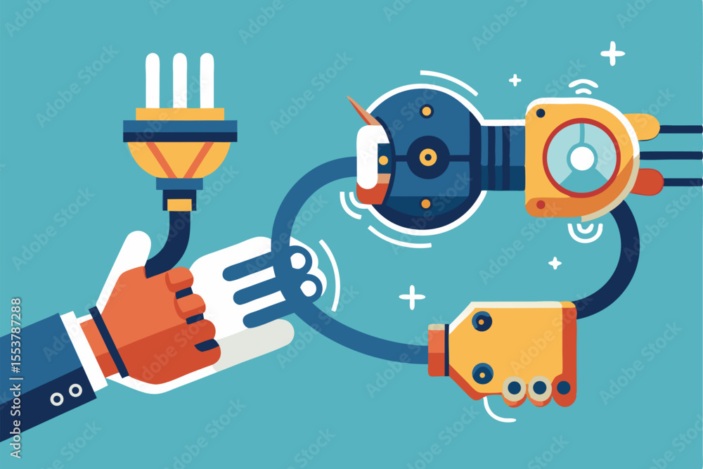 Poster human hand and robotic hand connecting a plug and socket in a modern technological setting showcasin