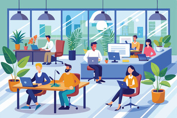 Open space office with businesspeople collaborating and working on laptops during daytime in a modern environment full of greenery