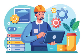 System maintenance update program in a modern workspace with a technician using a laptop and interacting with gears and data