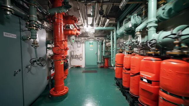 Engine room pipes and valves creating a complex industrial system, featuring red pumps and a green floor, viewed through a doorway adorned with red valves