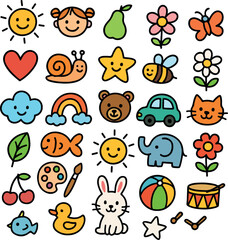 Cartoon Icons of Smiling Sun Face Girl Pear Flower Butterfly Heart Snail Star Bee Cloud Rainbow