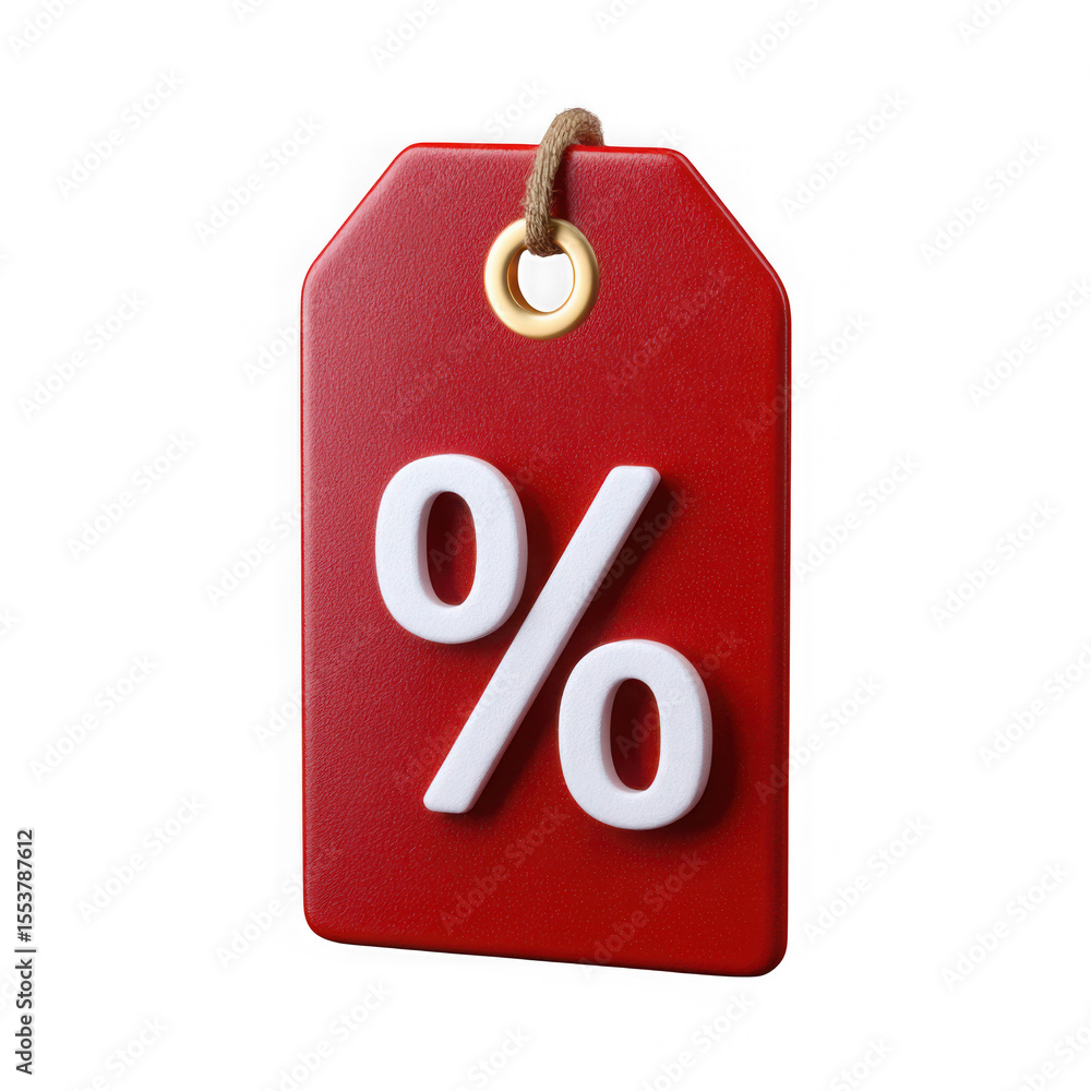 Poster red price tag with percentage symbol and rope isolated on transparent background