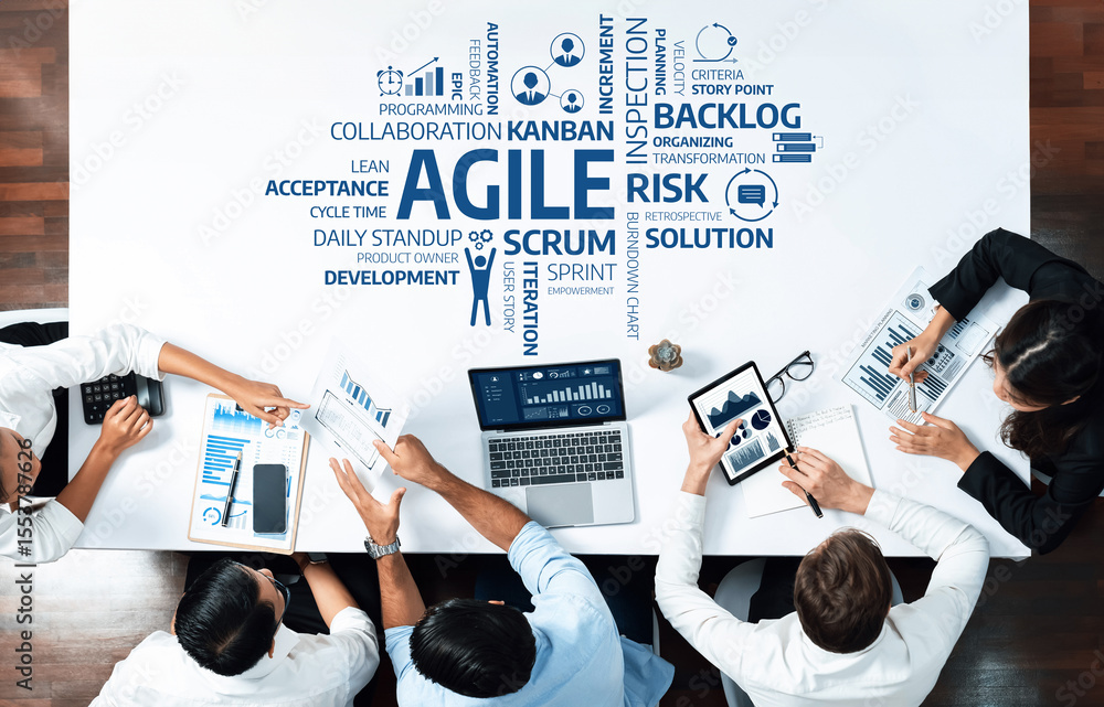 Poster A diverse team reviews agile methodologies, emphasizing scrum and kanban practices to enhance project management, collaboration, and continuous improvement. Amity