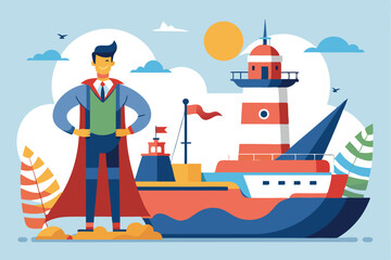 Visionary leader standing confidently beside a large ship and lighthouse under a bright sky, representing business innovation and maritime concepts
