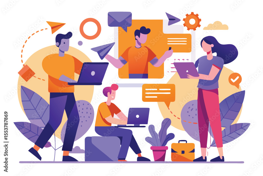 Aufkleber collaboration of online and offline workers during meetings with digital tools for communication and