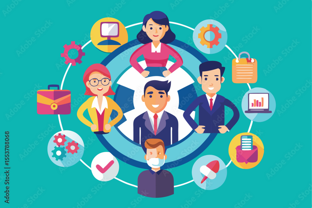 Poster team of experts collaborating in a business environment to achieve goals and improve efficiency thro