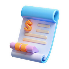 3d stylized financial document with dollar sign and pen isolated on transparent background