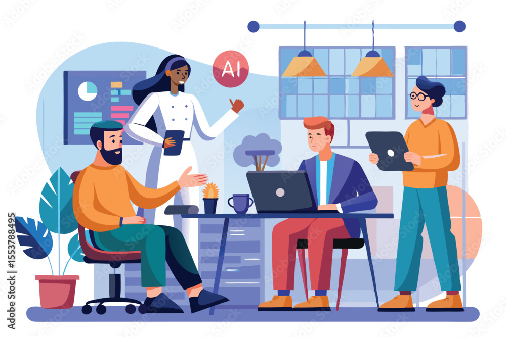 Poster professionals engage in a collaborative discussion about artificial intelligence in a modern office 
