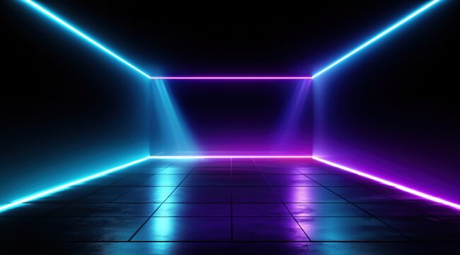 Arri&egrave;re-plan avec n&eacute;ons de lumi&egrave;res bleus et violettes brillantes dans une pi&egrave;ce vide noire, sc&egrave;ne sombre pour une bo&icirc;te de nuit, une piste de danse ou un spectacle futuriste.