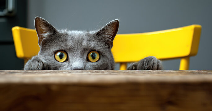 Un chat jetant un coup d'&oelig;il furtif par-dessus le bord d'une table vide, les pattes pos&eacute;es dessus, une chaise jaune derri&egrave;re lui, sur fond de mur gris.