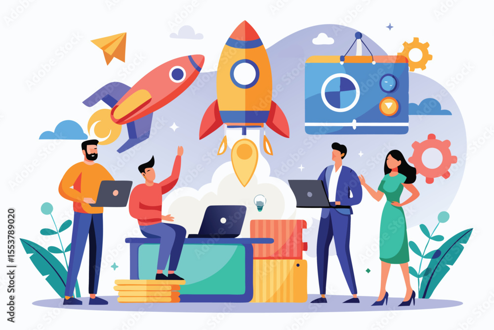 Poster project development team collaborates to launch an innovative business venture in a vibrant workspac