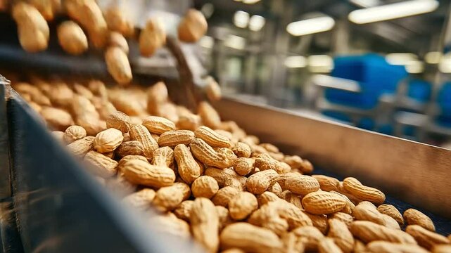 Detailed close-up of raw peanuts moving on a conveyor belt in a modern processing plant, emphasizing natural textures and the peanut&rsquo;s role as an ingredient in vegan cuisine.