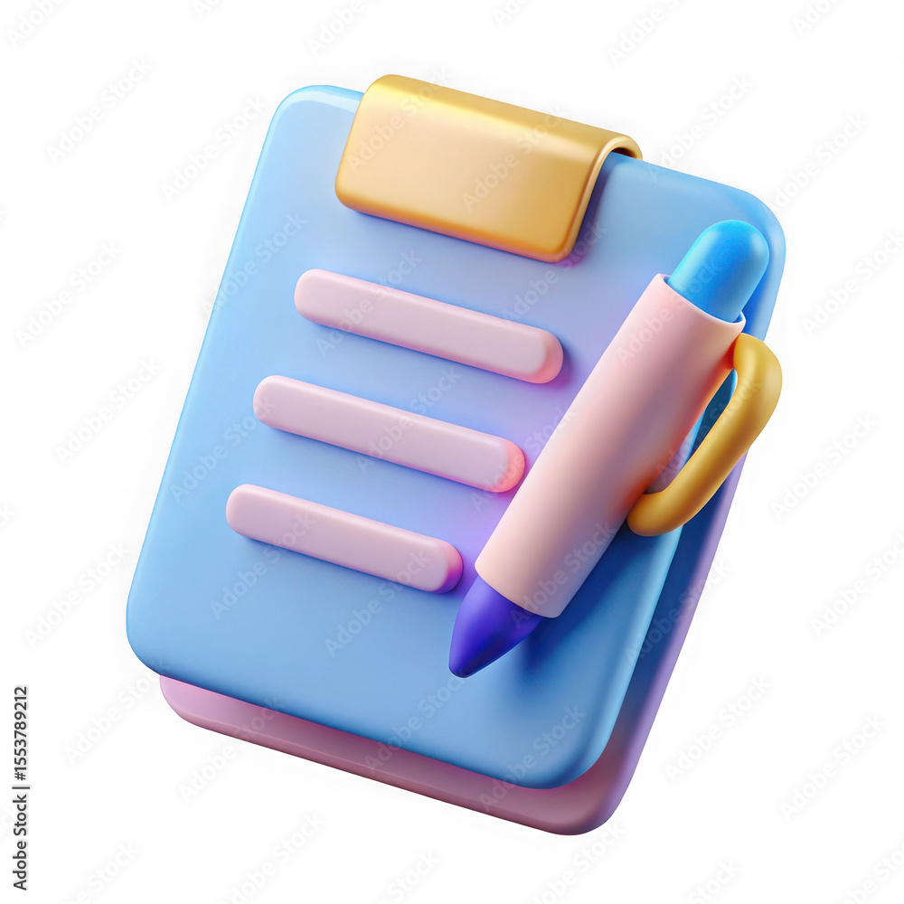 Poster 3d rendered clipboard with pen and checklist items isolated on transparent background