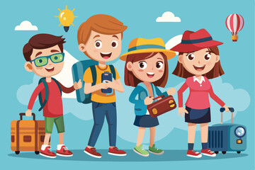 Fototapeta premium Cartoon style tourists exploring a vibrant destination with luggage and maps during a sunny day