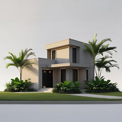 Tropical architectural luxury home or hotel with a view of palm trees and sky