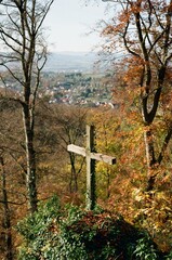 Scenic View of Nature Framed by a Wooden Cross in Autumntime