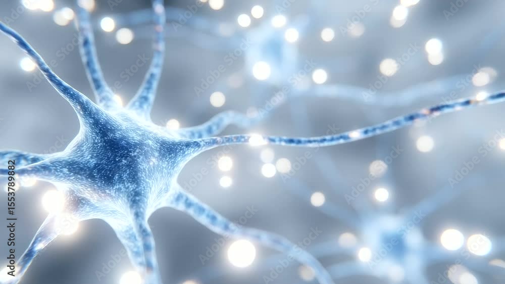 Poster macro view of a neuron cell with intricate dendritic branches and axonal connections, forming a comp