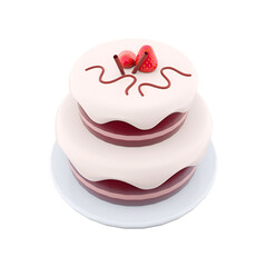 A two-tiered cake topped with strawberries and chocolate drizzle, perfect for celebrations and desserts.