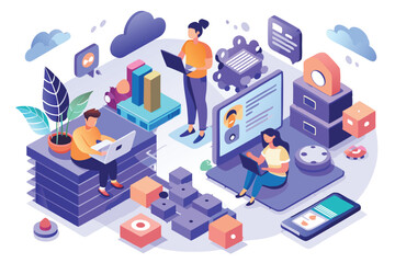 Fototapeta premium People collaboratively developing software and communicating online in a modern workspace during the day