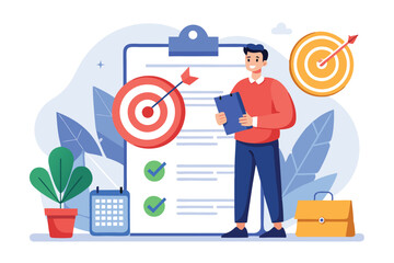 Illustration of a startup founder achieving goals with checklist and target arrows in a modern workspace
