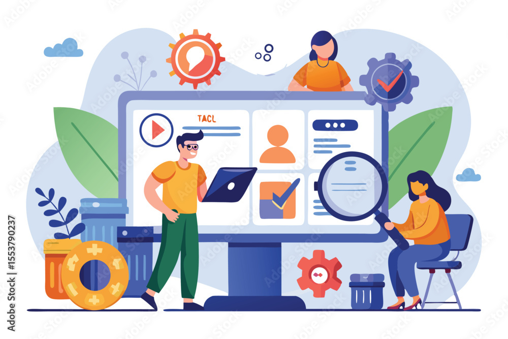 Aufkleber usability testing illustration showcasing a diverse team evaluating a digital interface for quality 