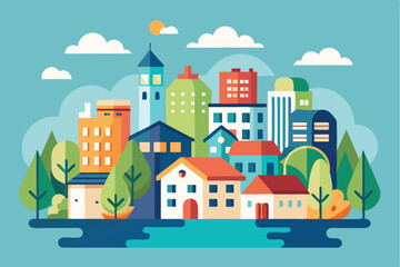 Vibrant flat illustration of a colorful city with houses, trees, and clouds showcasing a cheerful urban environment