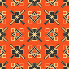 Seamless pattern with black and white geometric ornament on orange background. Vector illustration