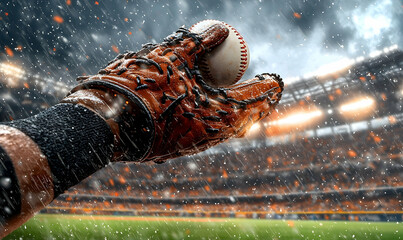 Baseball glove catching ball in rain at stadium, dramatic lighti