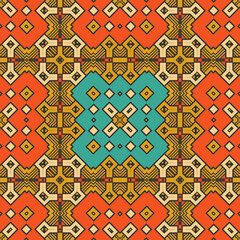 Seamless pattern with complex Slavic ornament with orange color predominance. Vector illustration