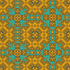 Seamless pattern with complex yellow ethnic ornament on blue background. Vector illustration