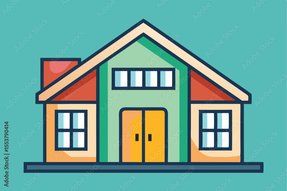 Poster flat house icon featuring geometric windows and doors with vibrant colors on a solid background, rep