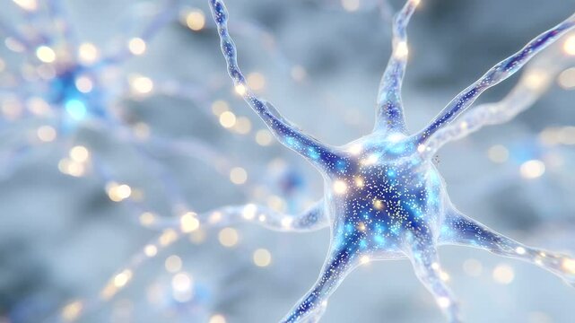 Macro view of a neuron cell with intricate dendritic branches and axonal connections, forming a complex web against a clean white background. Organic, glowing synapses create an ab