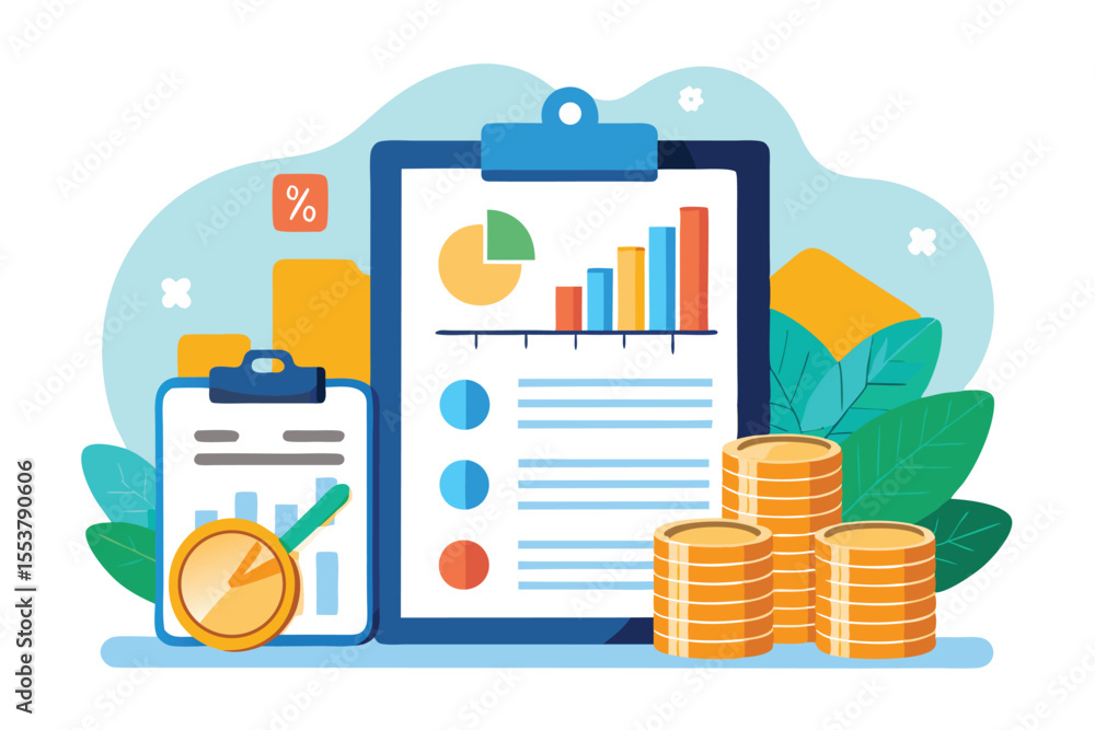 Aufkleber clipboard display shows financial chart alongside stacks of gold coins and productivity tools in a b