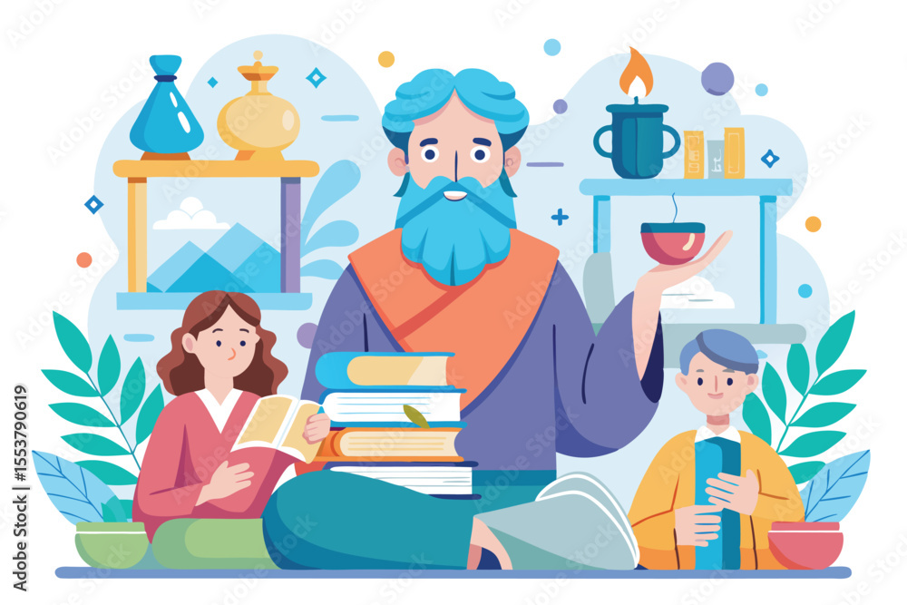 Poster exploring the socratic method with a wise figure and students in a vibrant learning environment