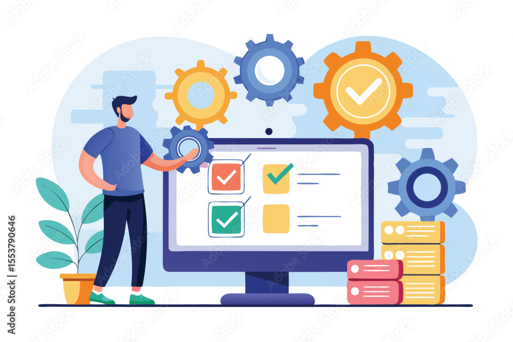 Poster remote worker assembling checklist on desktop computer while surrounded by colorful gears in a moder