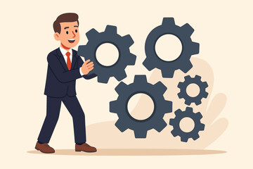Businessman adding a missing gear to a cogwheel mechanism. Business development, solution, and strategy concept. Manager integrating a cog into the system for growth and progress. Teamwork metaphor.