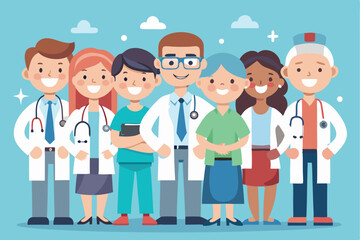 Fototapeta premium Team of friendly doctors in cartoon style showcasing healthcare diversity and teamwork in a bright and cheerful environment