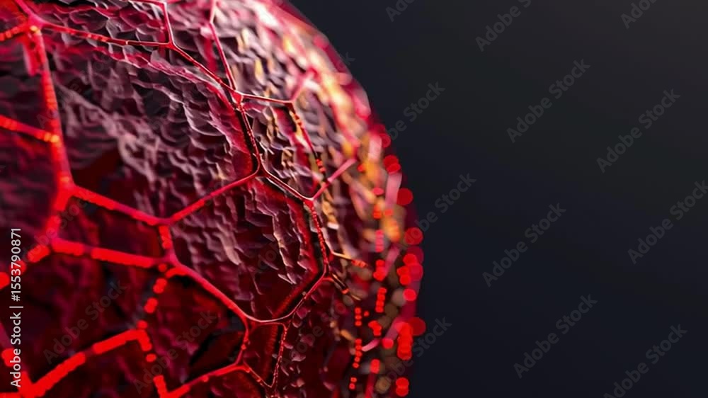 Poster close up of textured red sphere showcasing intricate patterns, abstract design that evokes depth and