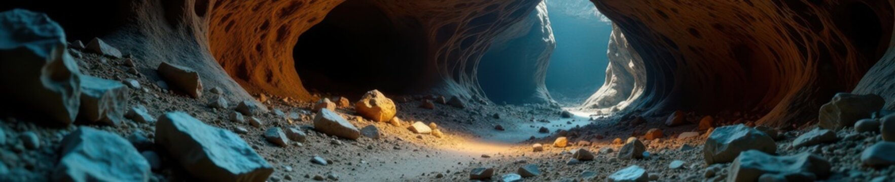 Dark, damp cave interior with exposed bone fragments, wet, darkness