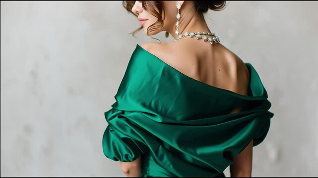 Elegant model showcases stunning jewelry in vibrant green outfit during fashion shoot